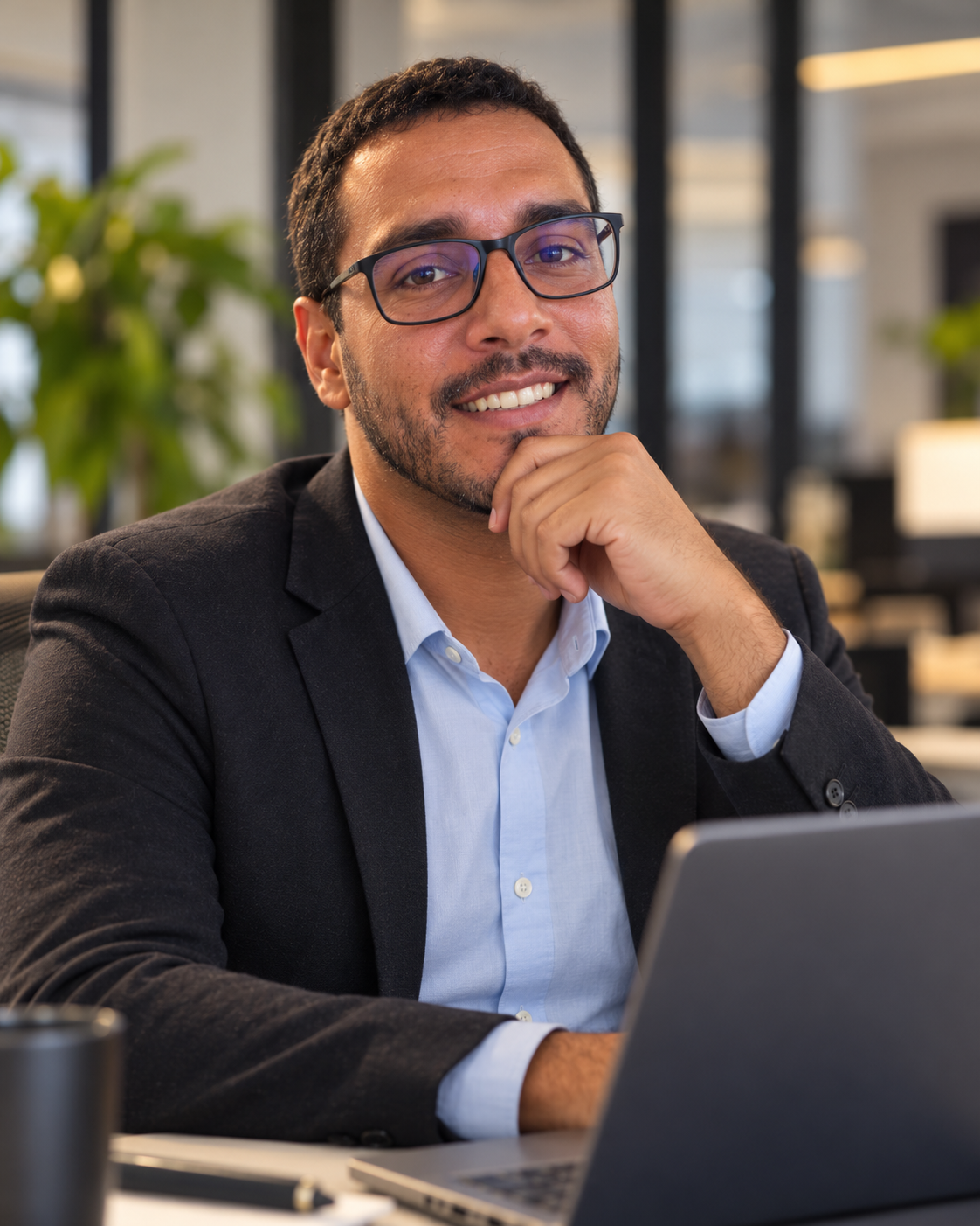 Alex Gomes sorrindo em um ambiente de trabalho